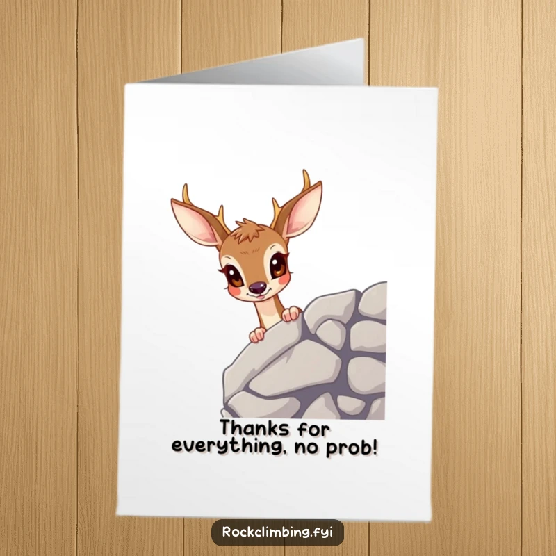 Funny free printable thank you card: a deer with wide, curious eyes looking over a rocky ledge, expressing gentle gratitude.