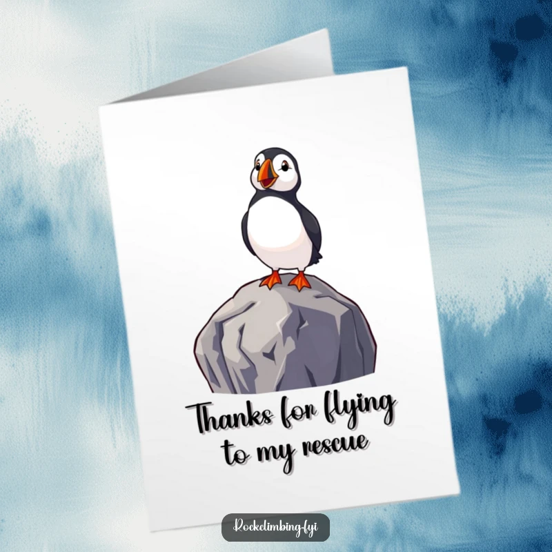 Funny Free Printable Thank You Card: Delighted puffin perched on a high rock, looking at the sea with thanks.