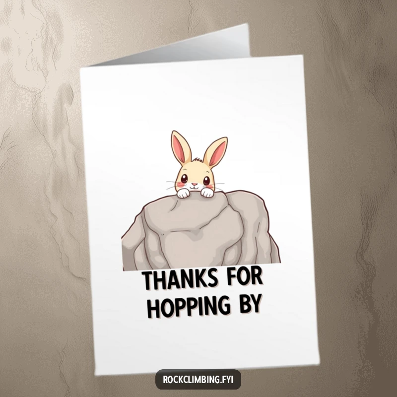 Funny Free Printable Thank You Card: a curious rabbit peeking over a rocky outcrop, offering a thoughtful thank you.