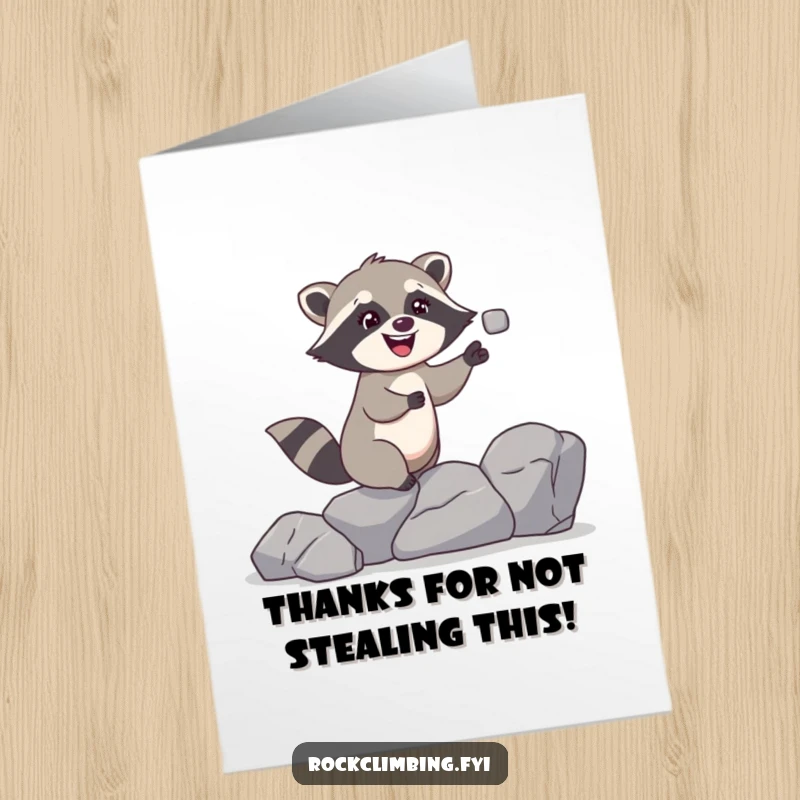 Funny free printable thank you card: a laughing raccoon juggling small rocks skillfully as it climbs, sending playful thanks your way.