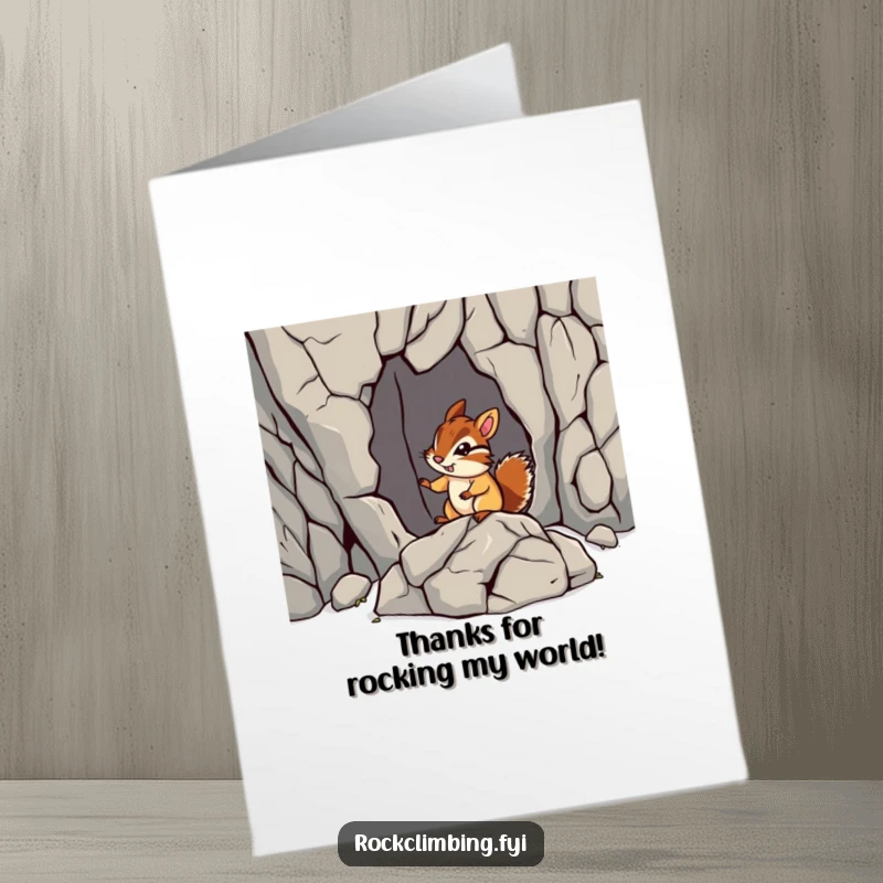 Funny Free Printable Thank You Card: A chipmunk bravely navigates a jagged rock formation, conveying thanks.