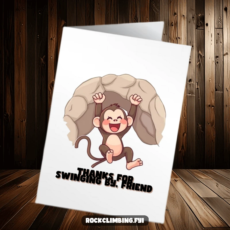 Funny Free Printable Monkey Thank You Card: A happy monkey swinging from a rocky outcrop, sending a heartfelt thank you with a playful vibe.