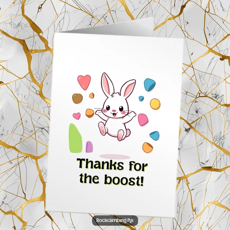 Funny Free Printable Thank You Card: Playful rabbit leaping between colorful climbing holds, expressing thanks.