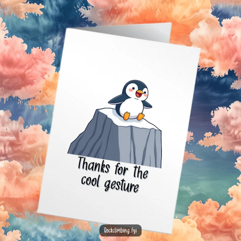 Free Printable Thank You Card: a happy penguin slides down a sheer cliff face on its belly, conveying joyful thanks.