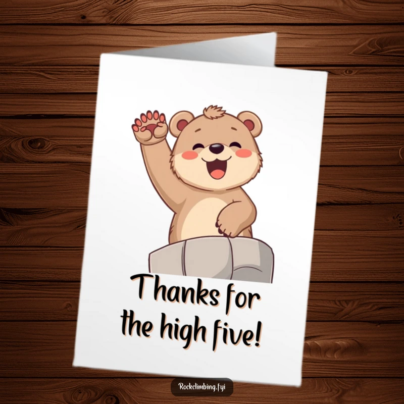 Funny Free Printable Thank You Card: Joyful bear cub cheering, expressing thanks with enthusiastic paws in the air.