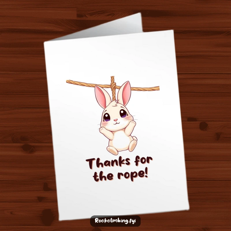 Funny Free Printable Thank You Card: Curious rabbit dangling from a rope, looking up with wide eyes, expressing thanks.