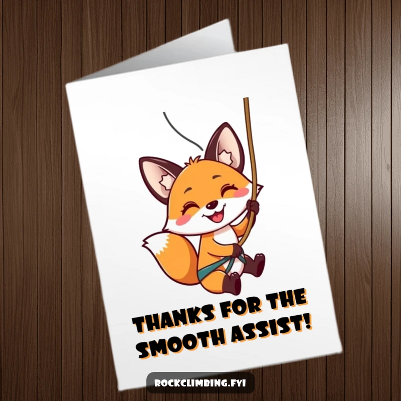 Funny Free Printable Thank You Card: A smiling fox rappelling down a rock face, offering thanks for support.