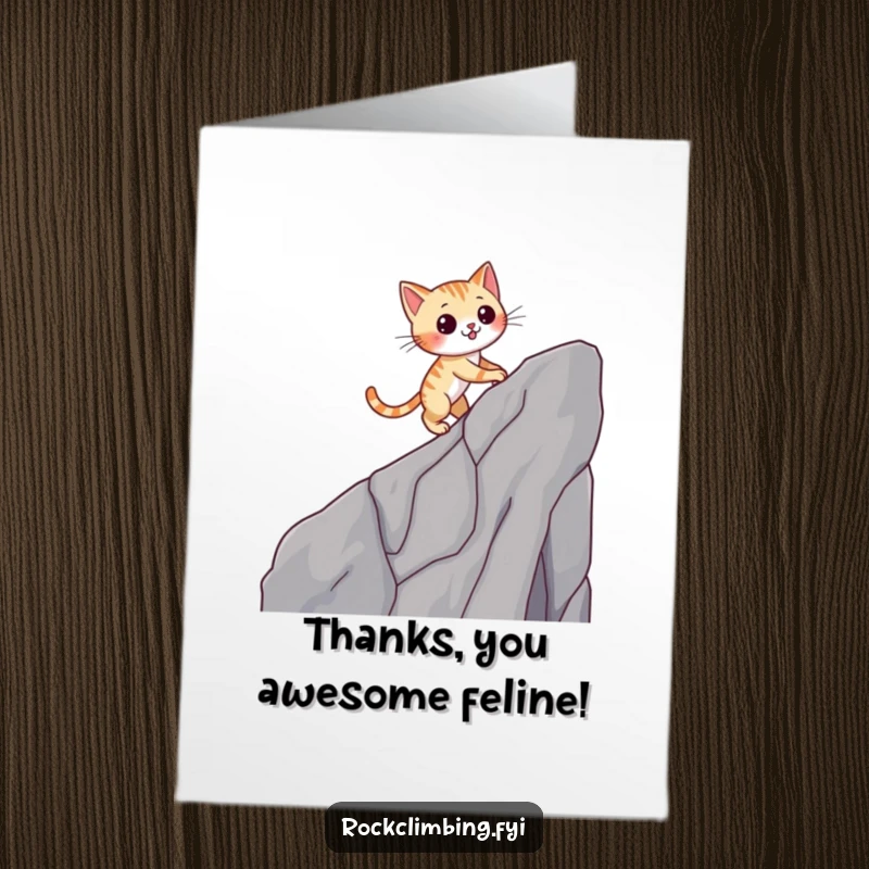 Funny Free Printable Thank You Card: A nimble cat winking charmingly as it conquers a challenging cliff face.