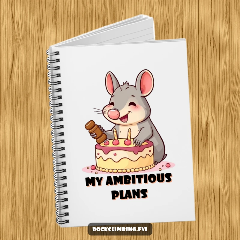 Funny notebook with a smiling aardvark enthusiastically hammering pitons into a cake, ideal for notes, planning, and goal-setting.