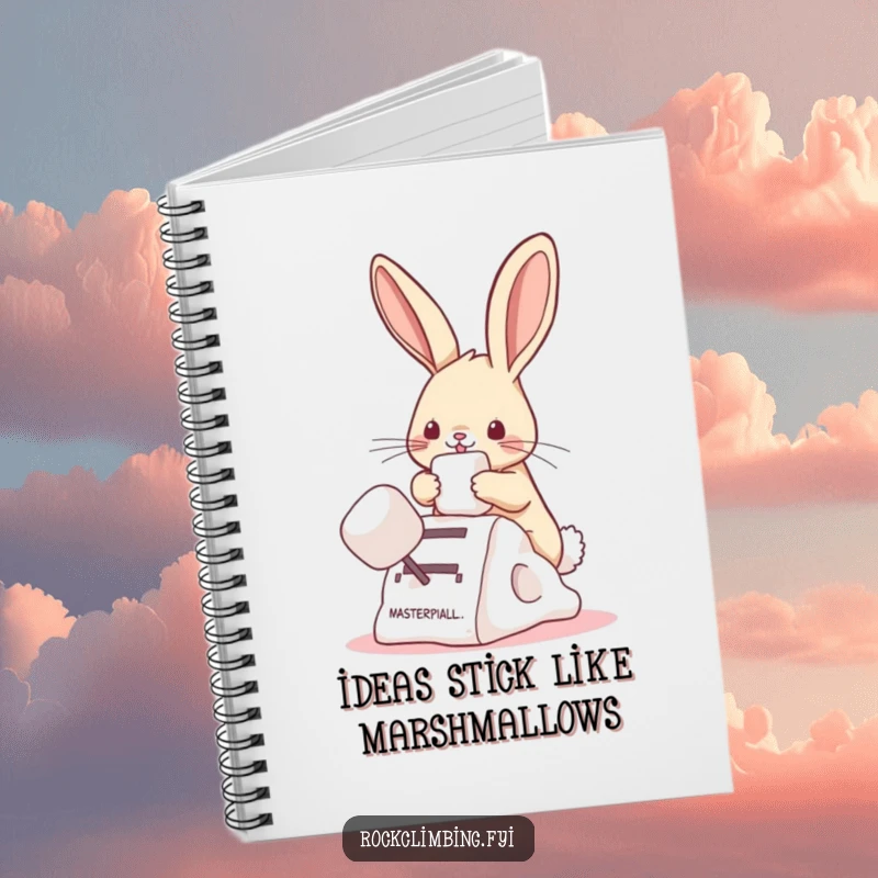 Funny bunny notebook with a bunny using a marshmallow to climb, perfect for journaling sweet thoughts and funny ideas.
