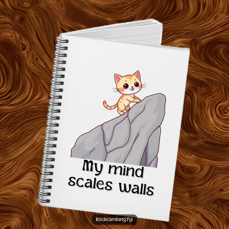 Funny cat notebook with a winking cat climbing a cliff, perfect for journaling agile thoughts and witty ideas.