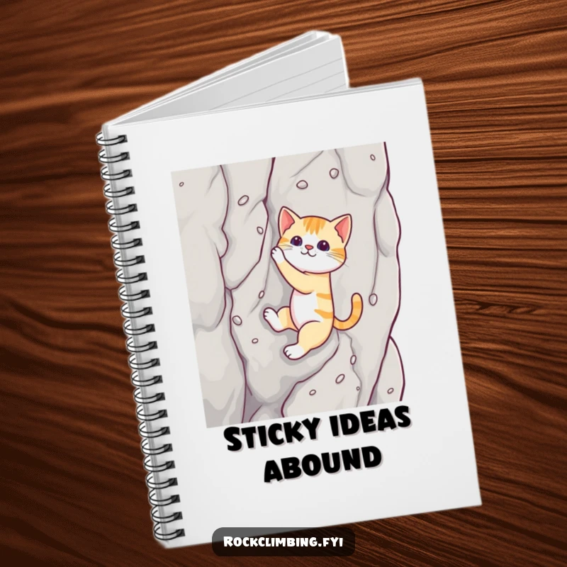 Funny cat notebook cover depicting a cat using suction cups to climb a rock, inspiring humorous planning.