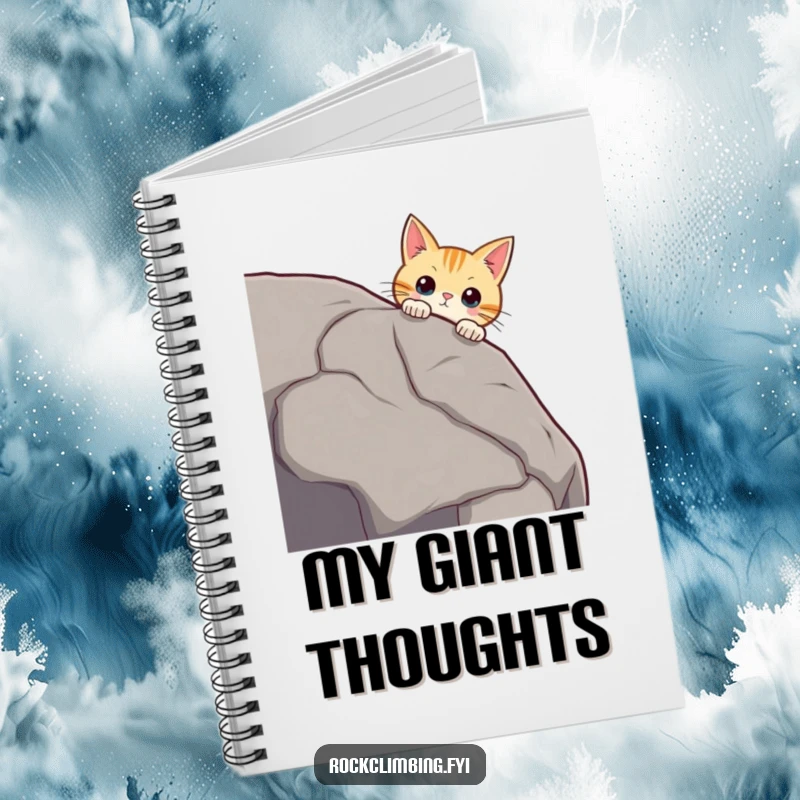 Funny curious cat peering over a massive boulder edge, whiskers twitching, looking intrigued, a humorous notebook.