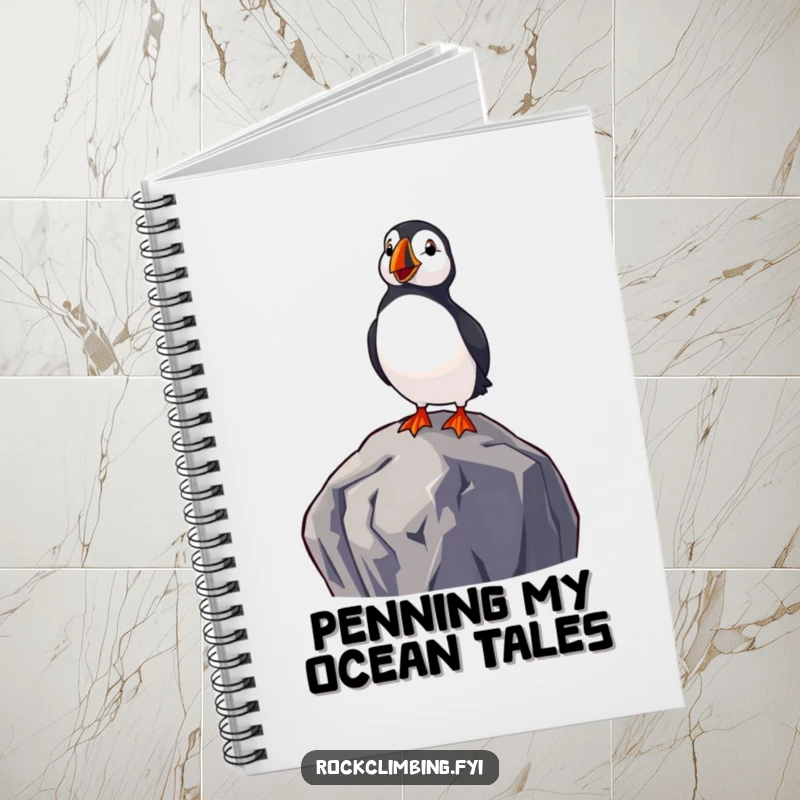 Funny notebook cover with a delighted puffin perched on a rock, looking at the sea, perfect for journaling coastal-inspired thoughts.