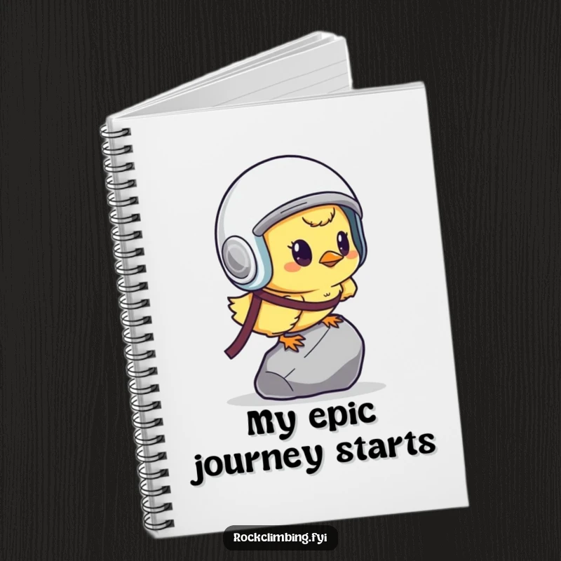Funny determined chick in a helmet, scaling a tiny pebble, featured on a notebook for adventurers.