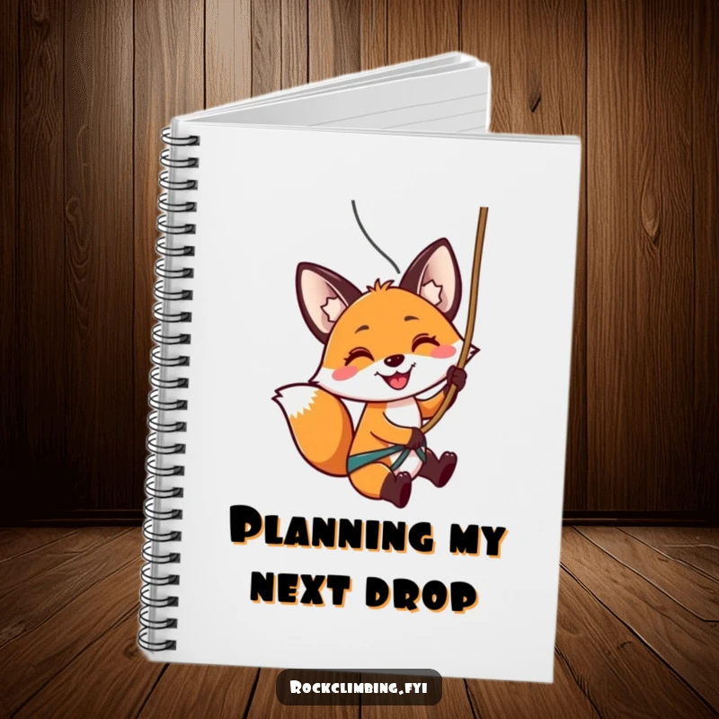 Funny notebook featuring a smiling fox expertly rappelling down a rock face, ideal for logging adventurous thoughts.