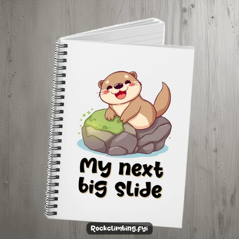 Funny otter notebook with a smiling otter gleefully sliding down a mossy rock, inviting you to jot down brilliant, fun ideas.