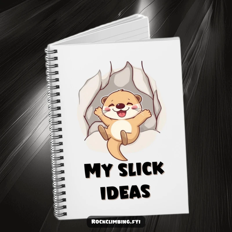 Funny Otter Sliding Notebook: A joyful otter grins sliding down a rock face, perfect for fun note-taking.
