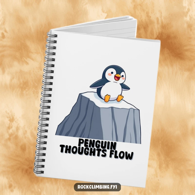 Funny Notebook with a happy penguin sliding down a sheer cliff face on its belly, perfect for jotting down fun ideas.