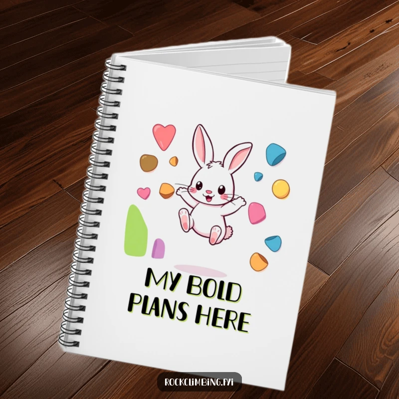 Funny rabbit notebook with a playful bunny mid-leap between small, colorful climbing holds, perfect for writing down adventures.