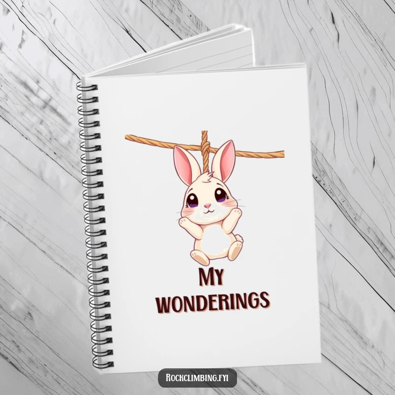 Funny Rabbit Rope Notebook: A curious rabbit dangles from a rope, perfect for whimsical note-taking.