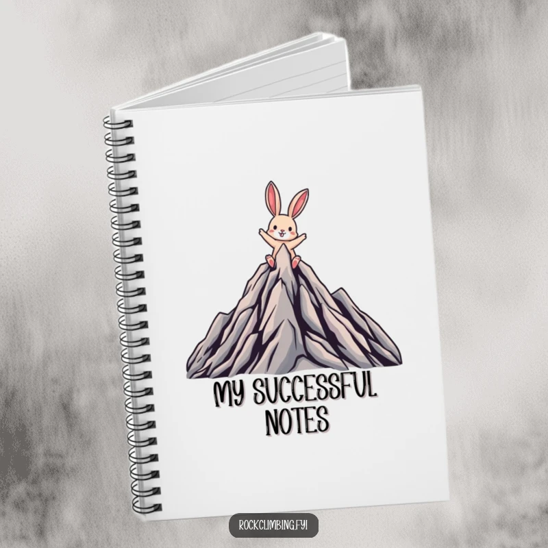 Funny notebook cover featuring a triumphant rabbit on a mountain peak, ideal for capturing goal-oriented thoughts.