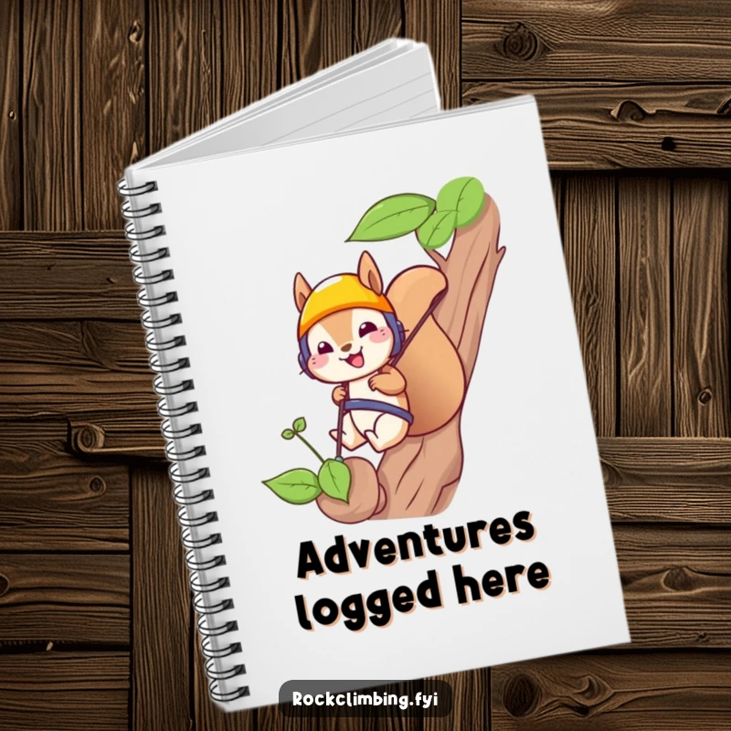 Funny squirrel rappelling illustration on a notebook cover, inspiring creative planning and outdoor adventures with a humorous touch.