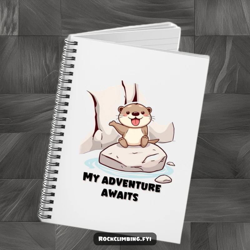 Funny otter notebook with a joyful otter sliding down a rock face on a stone, perfect for jotting down notes with a humorous theme.