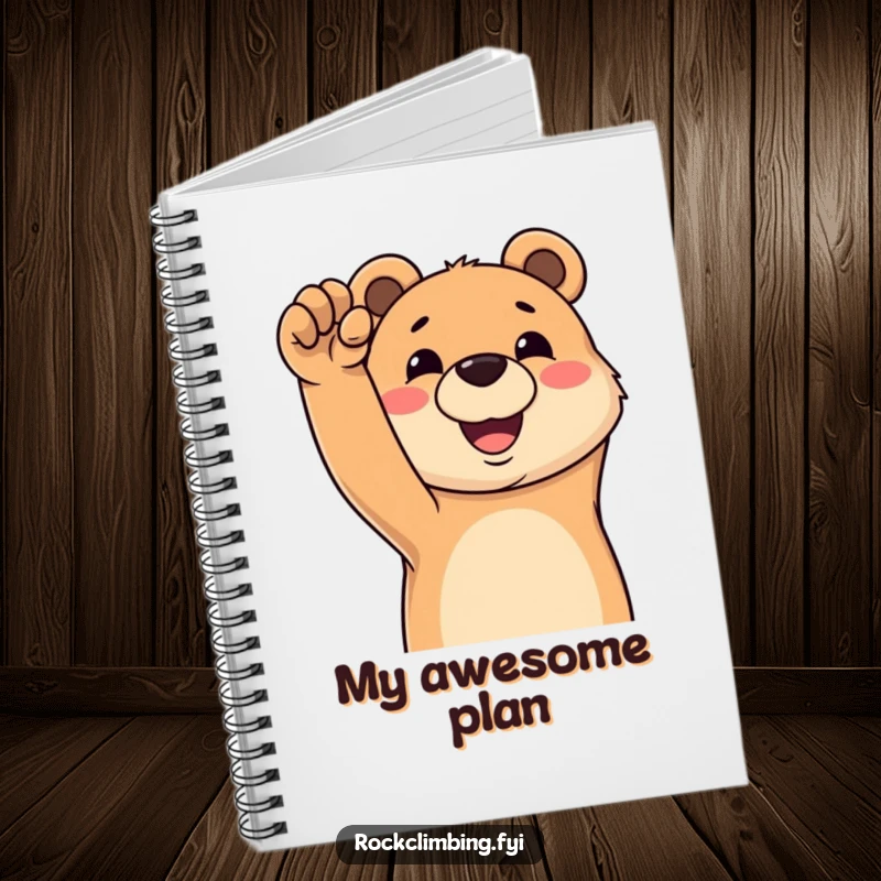 Funny notebook cover featuring a happy bear grinning while reaching for a challenging climbing hold, inspiring goal setting.