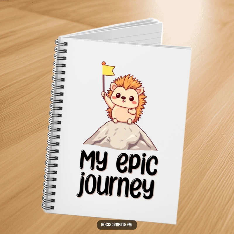 Funny Notebook with a cover showing a triumphant hedgehog holding a tiny flag at the mountain's summit, perfect for goal setting and notes.