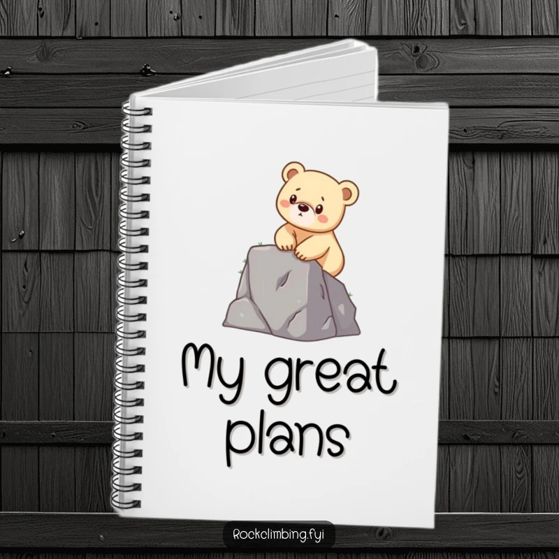 Funny notebook featuring a determined bear cub scaling a small cliff, inspiring adventurous thoughts and plans.