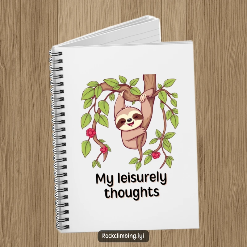 Cheerful sloth happily dangling from a thick vine on a notebook cover.