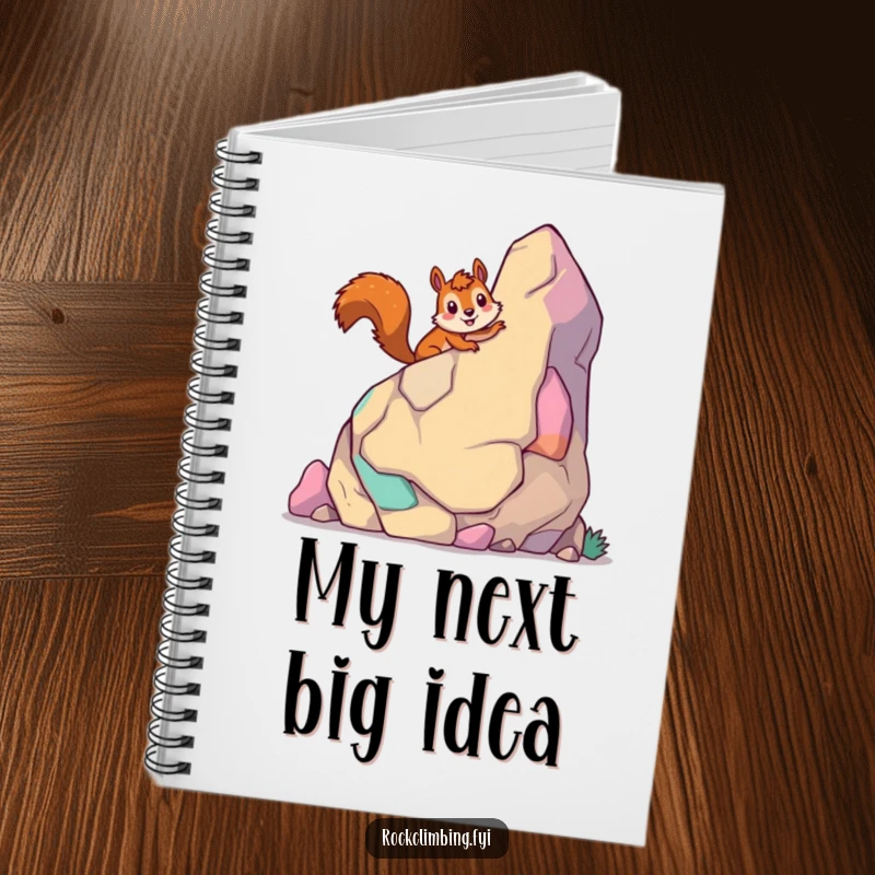 Funny giddy squirrel notebook with a smiling squirrel climbing a colorful cartoon rock, ideal for notes.