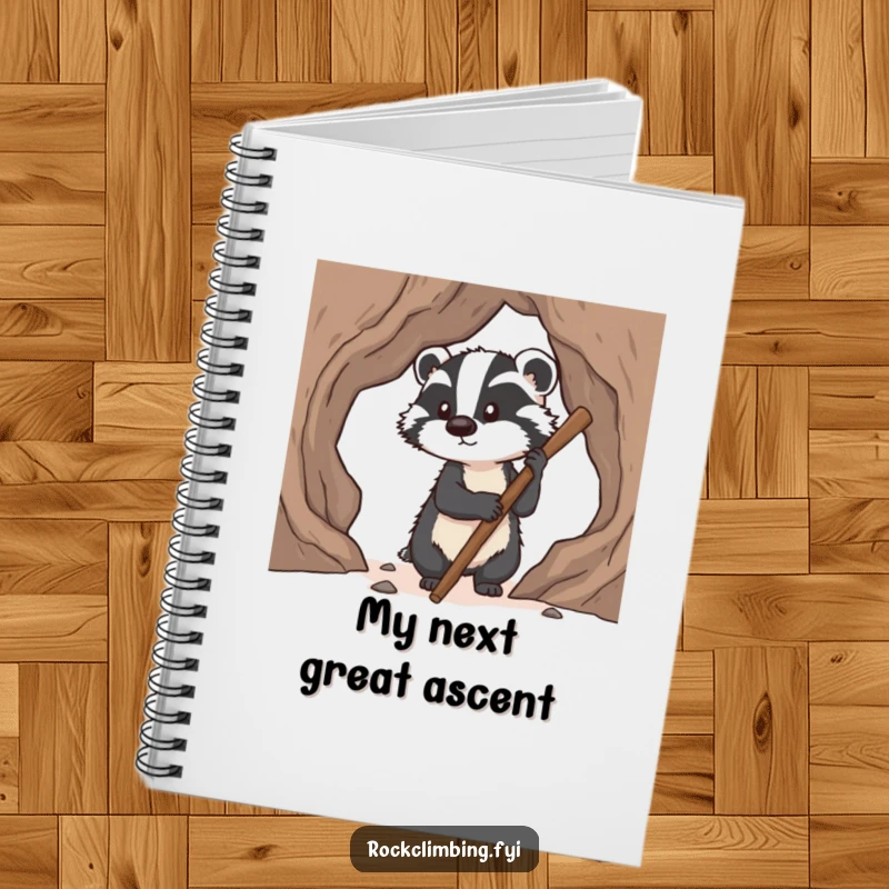 Funny badger notebook with a determined badger using a stick for pawholds while climbing, perfect for jotting down notes with a humorous theme.