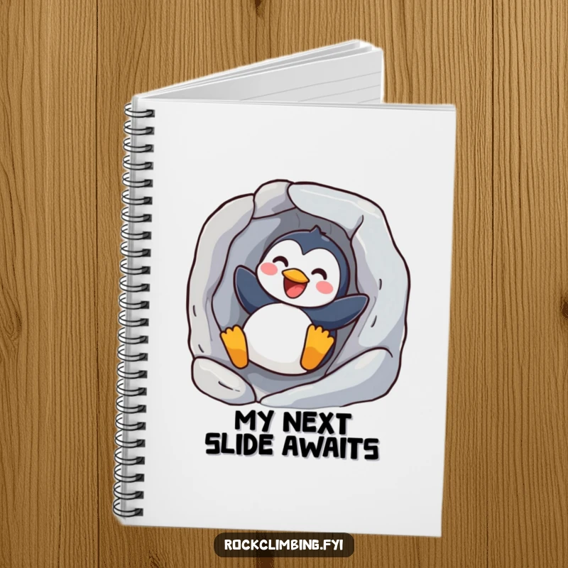 Funny joyful penguin notebook with a happy bird sliding down a rock, ideal for jotting down thoughts with a playful, energetic touch.