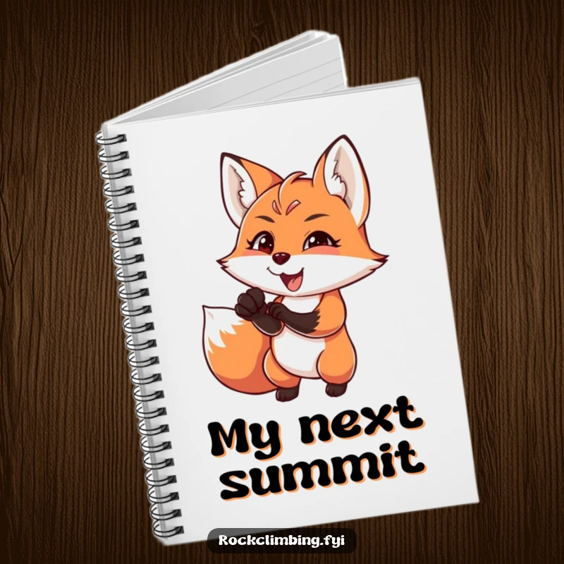 Funny charming fox reaching for a difficult handhold with intense focus and joy, embodying focus, a humorous notebook.