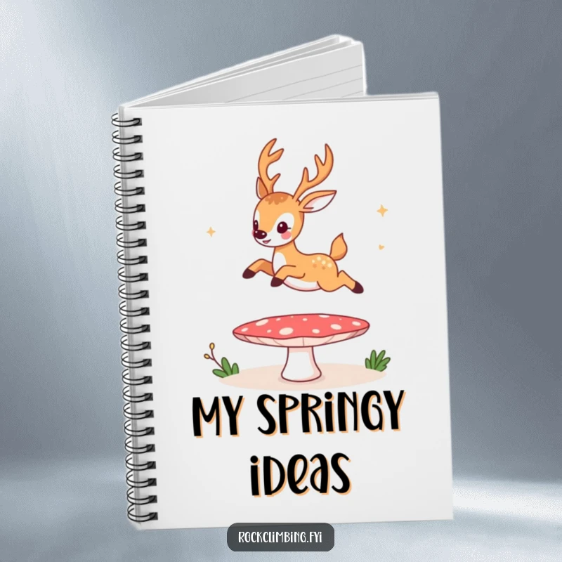 Funny notebook, a deer humorously bouncing on a mushroom trampoline, designed for jotting down witty notes and funny ideas.