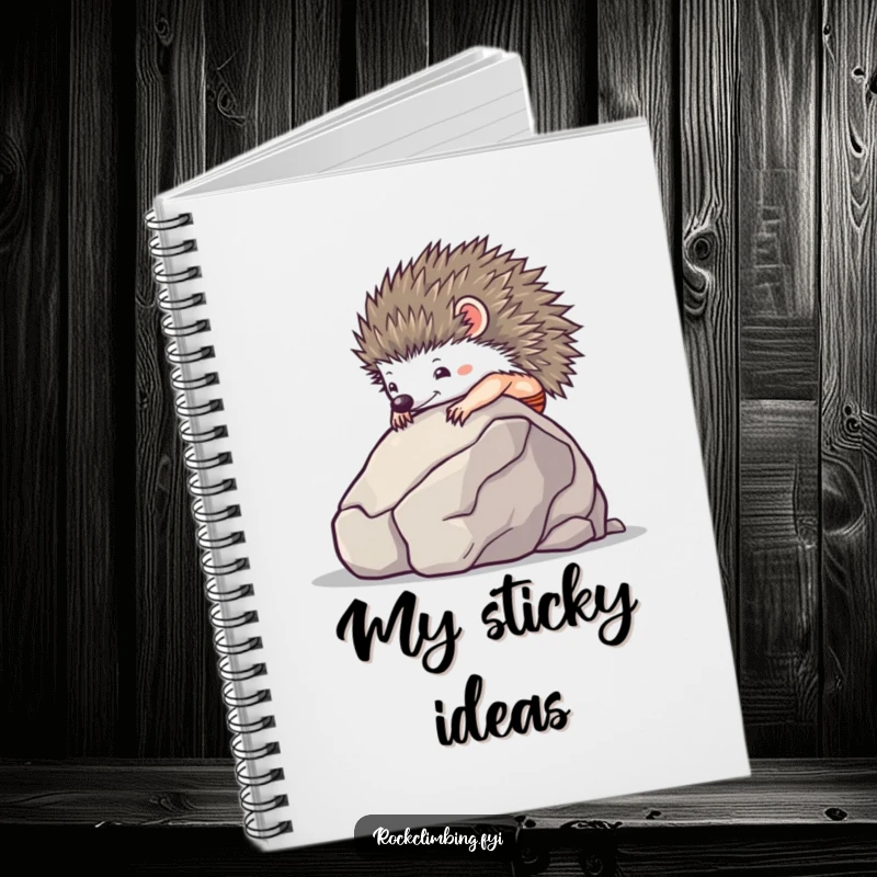 Tiny hedgehog using suction cups to climb a smooth boulder on a notebook cover.