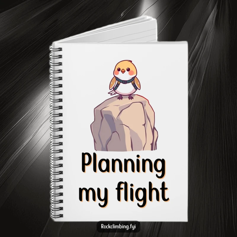 Funny bird harness notebook depicting a small bird in a harness, perched on a high rock. Humorous stationery, great for jotting ideas.