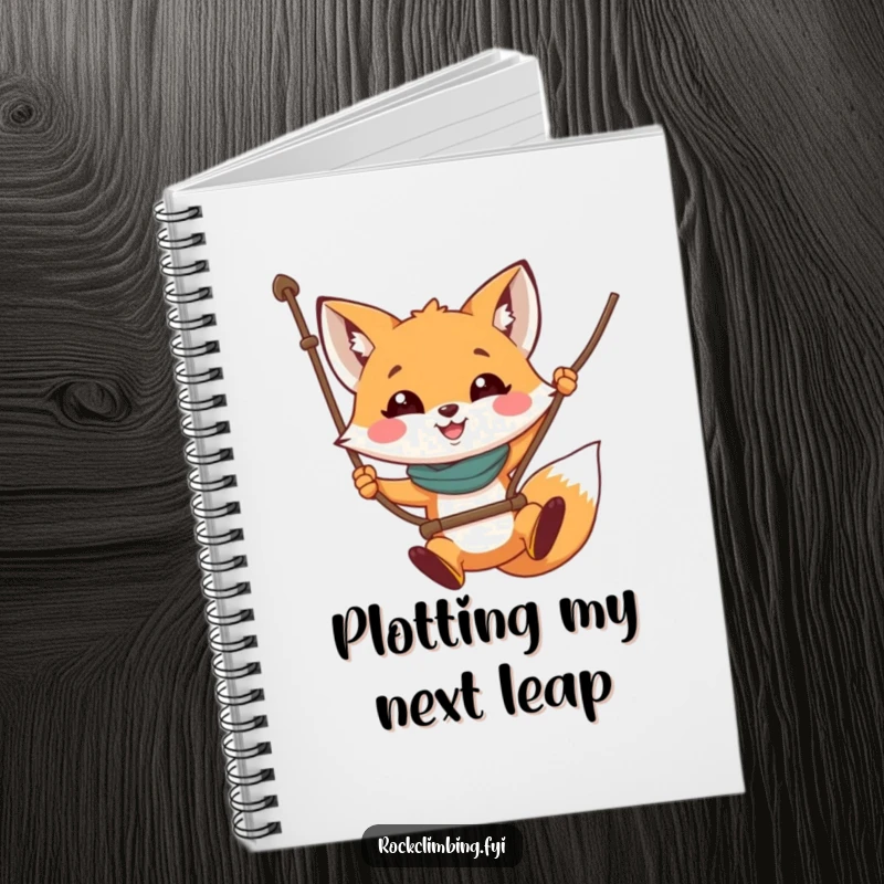 Funny fox notebook with a joyful fox swinging from a rope, perfect for journaling adventures and funny ideas.