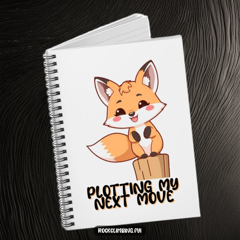 Funny Fox Notebook displaying a cheerful fox with a wide toothy grin, perched high, ready to inspire writing and creativity.