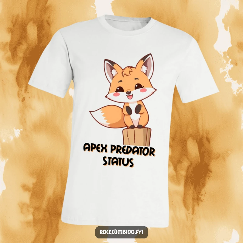 Funny Fox T-Shirt featuring a cheerful fox with a wide, toothy grin sitting proudly on a high perch, radiating pure joy.
