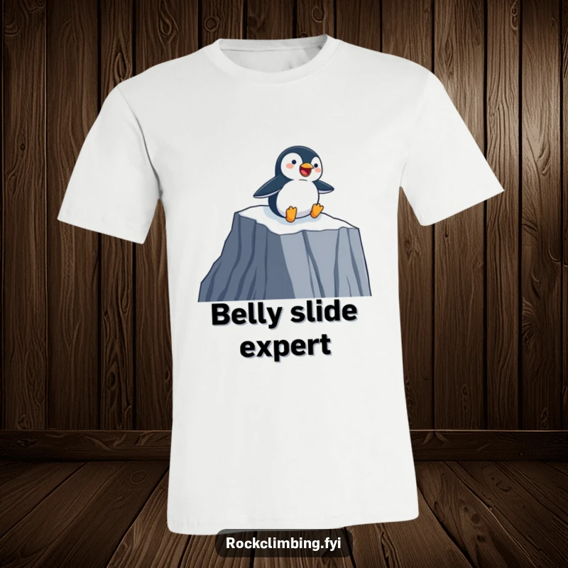 Funny T-Shirt featuring a happy penguin sliding down a sheer cliff face on its belly, a celebration of pure fun.