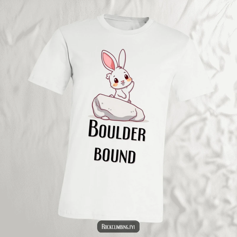 Funny t-shirt with a curious rabbit reaching for a colorful handhold on a boulder, depicting ambition and a playful spirit.