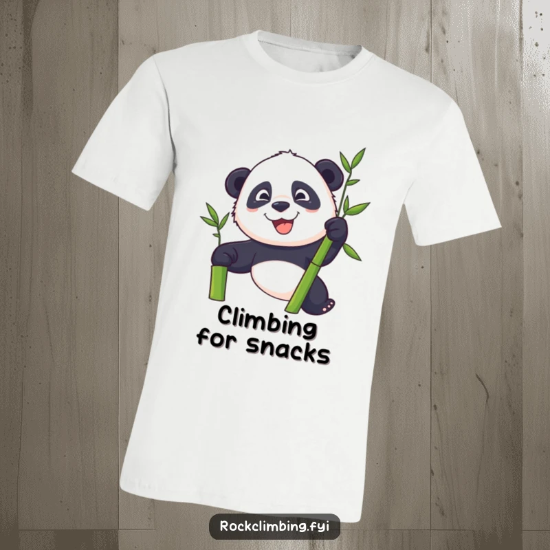 Playful panda with a determined grin ascending a tall bamboo stalk, for fans of resilience.