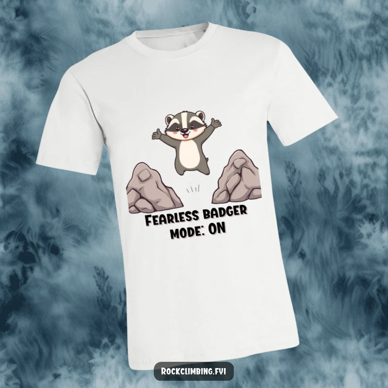 Funny t-shirt showcasing a brave badger leaping dynamically between rocky outcrops, arms wide, embodying an epic and hilarious animal adventure.
