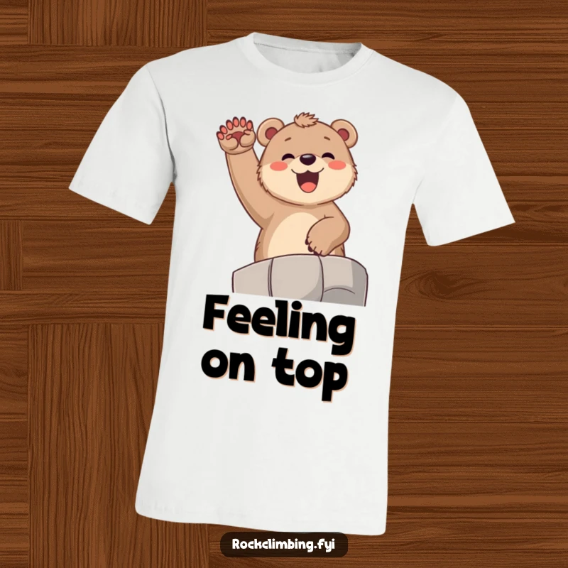 Funny bear cub t-shirt, illustrating a joyful cub exultantly cheering from a high vantage point with paws triumphantly in the air.