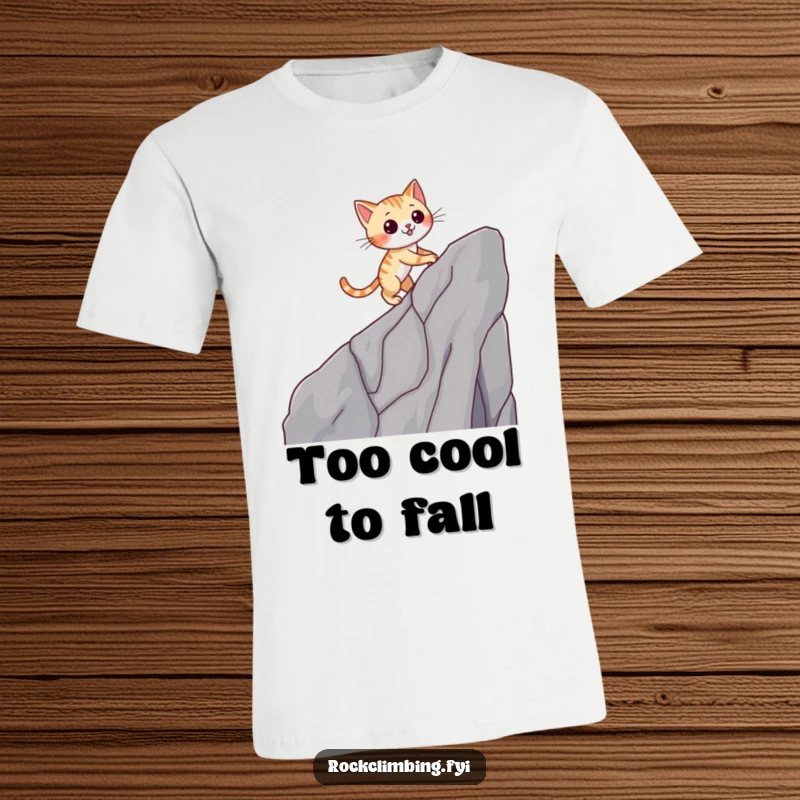 Funny cat t-shirt of a nimble cat winking while climbing a cliff, showcasing surprising agility and humor.