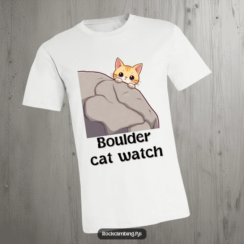 Funny curious cat peering over a massive boulder edge, whiskers twitching, looking intrigued, a humorous cat tee.