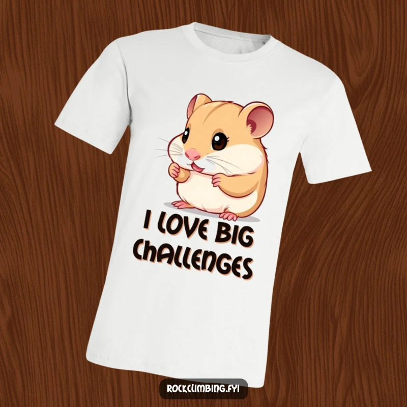 Funny curious hamster t-shirt featuring a small, bright-eyed rodent inspecting tiny handholds, symbolizing determination and humor.